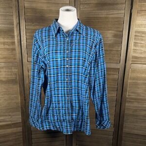 Rock 47 by Wrangler Womens XXL Blue Plaid Embroidered Cross Western Snap Shirt